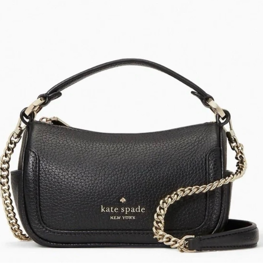 Kate Spade Smoosh Micro Black Pebbled Leather Shoulder Bag Gold Chain Classic